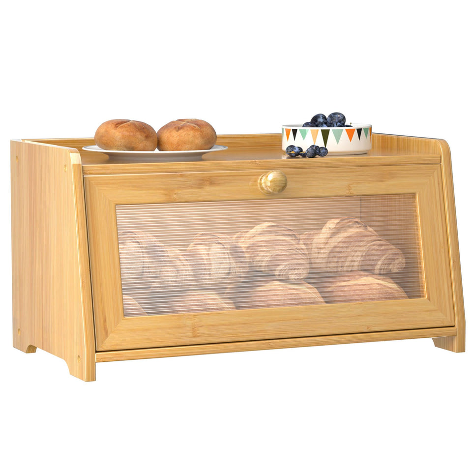 TQQDCI bread box with natural bamboo door keeps bread fresh on the counter