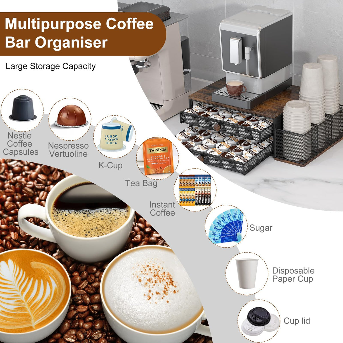 TQVAI K Cup Holder 3-slot magnet organizer stores cups and lids beside the pods