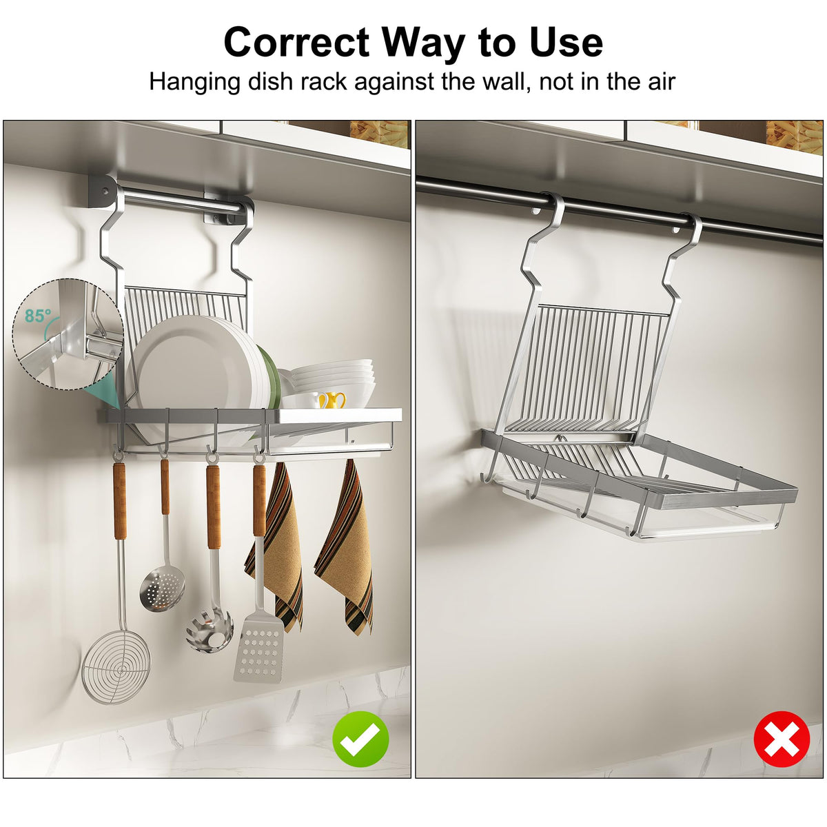 TQVAI wall-mounted dish rack with drainboard keeps countertops clear