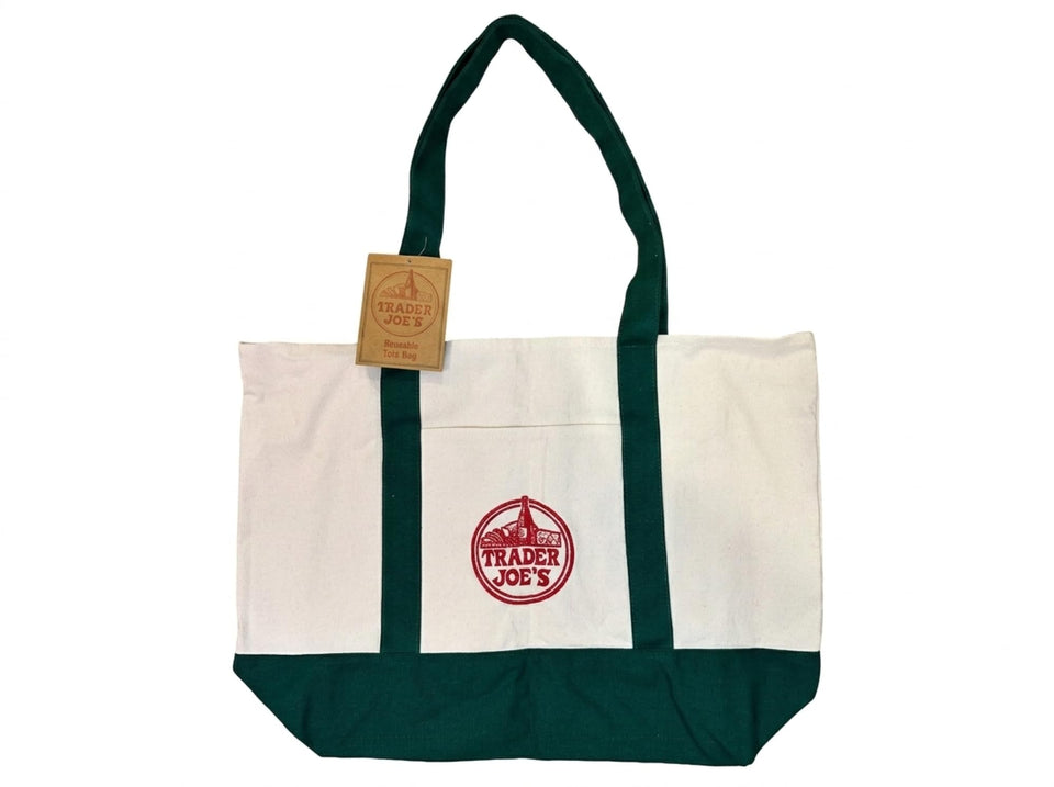 Trader Joe large canvas tote full view shows durable 6-gallon capacity for groceries.