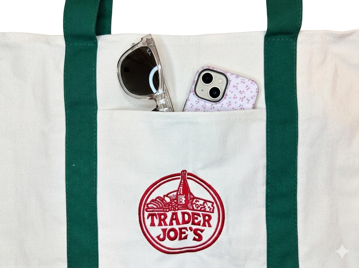 Trader Joe logo embroidery close-up emphasizing premium branding and style.