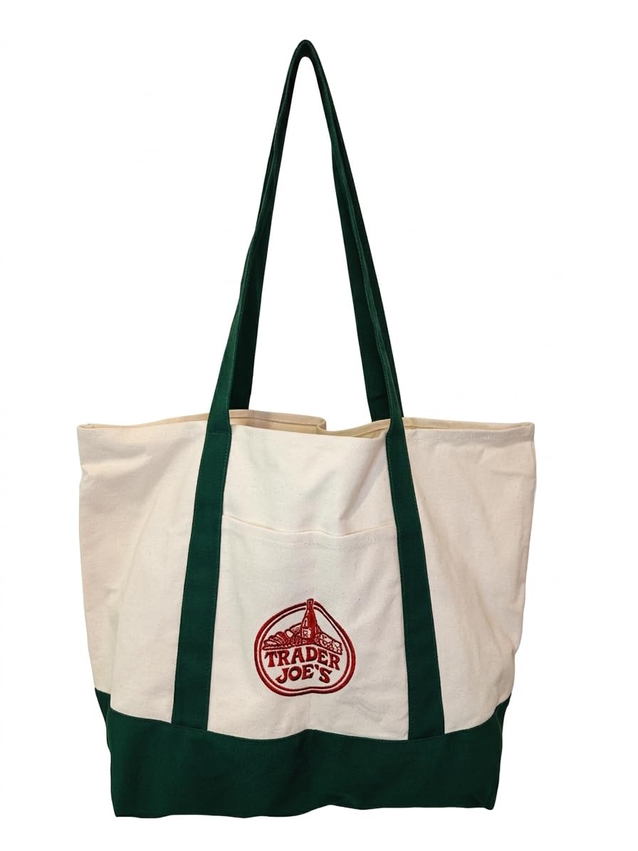 Trader Joe tote sturdy handles close-up for comfortable carrying when loaded.