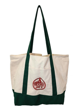 Trader Joe tote sturdy handles close-up for comfortable carrying when loaded.