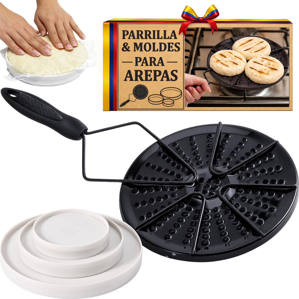 TraditionTools arepa grill on stove delivers even heat for perfect arepas.