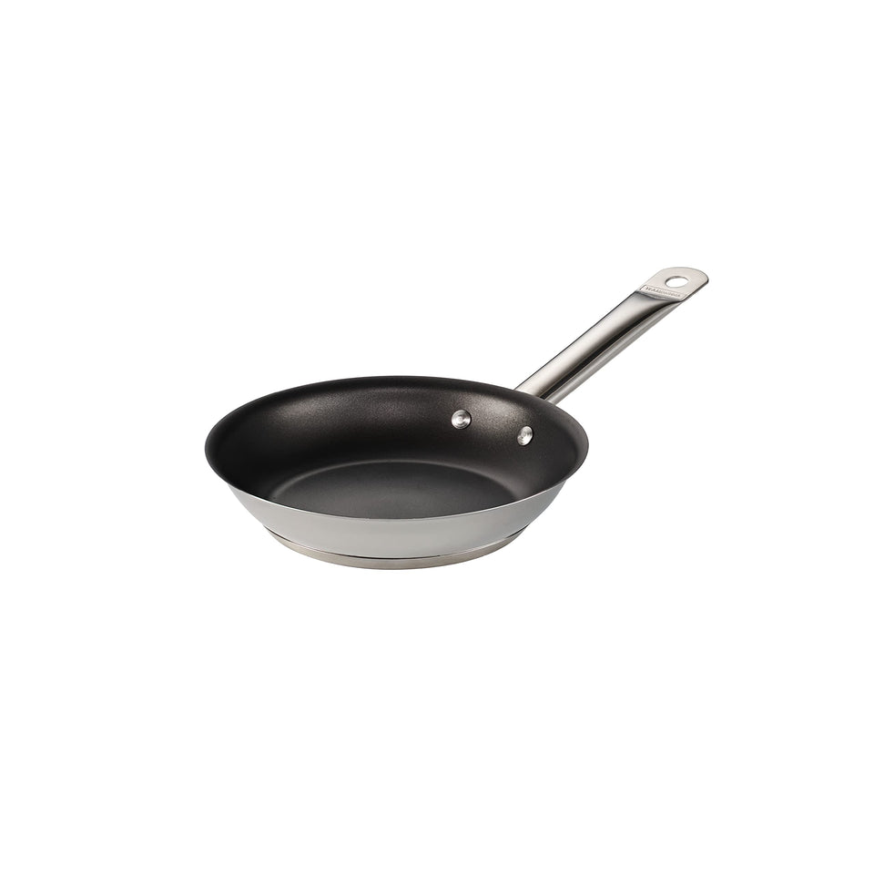 Tramontina 8-inch nonstick fry pan top view highlights easy release for quick breakfasts.