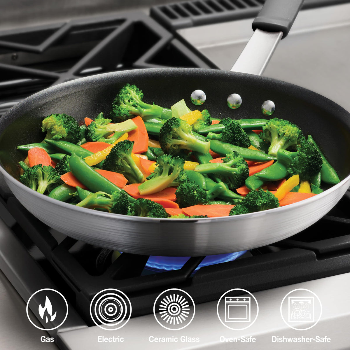 Tramontina PRO 12-Inch nonstick fry pan side view shows durable stainless steel handle for a comfortable grip.