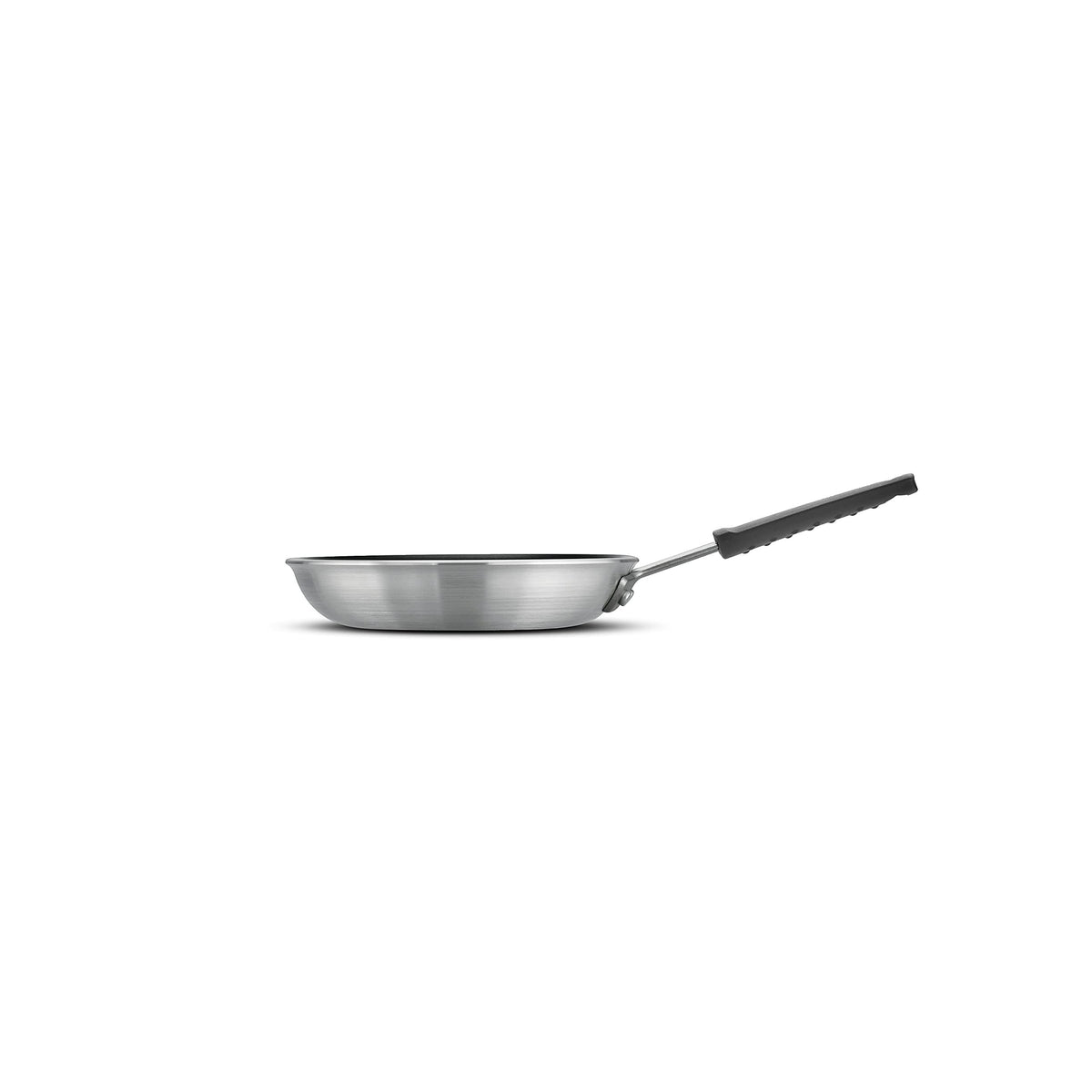 Tramontina Fusion pan handle close-up with cast stainless steel and soft-grip sleeve