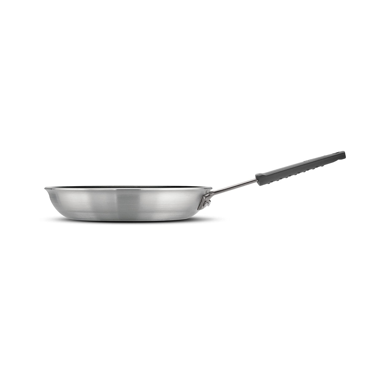 Tramontina Professional Fusion fry pan side view showing a sturdy stainless-steel handle