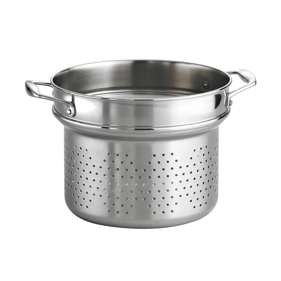 Tramontina Signature pasta insert fits 8-quart pots for easy lifting of noodles.