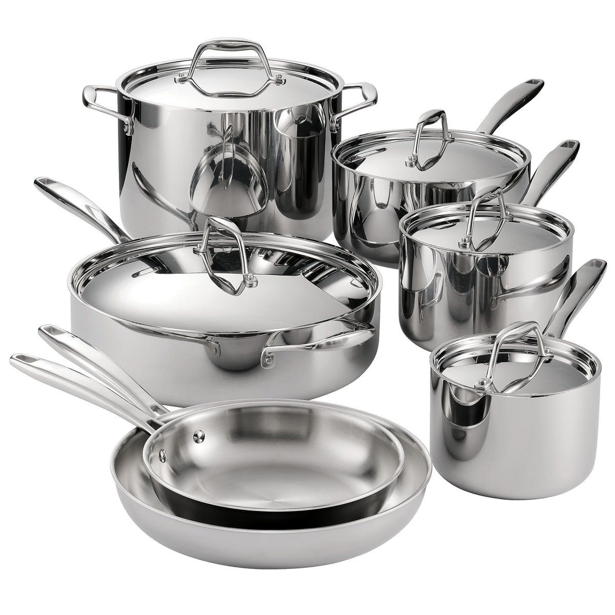 Tramontina Signature tri-ply 12-piece set on the stove for even heat