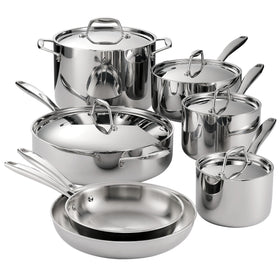 Tramontina Signature tri-ply 12-piece set on the stove for even heat