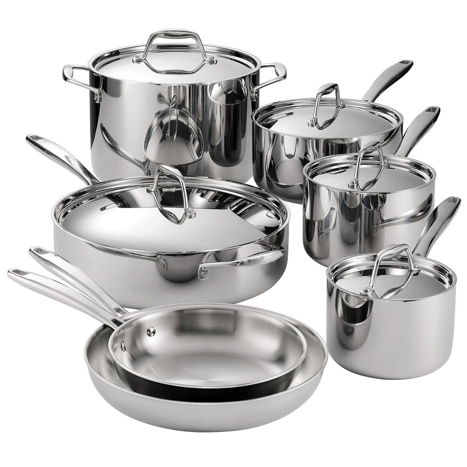 Tramontina Signature tri-ply 12-piece set on the stove for even heat