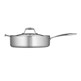 Tramontina Signature tri-ply pan shows aluminum core for even heat.