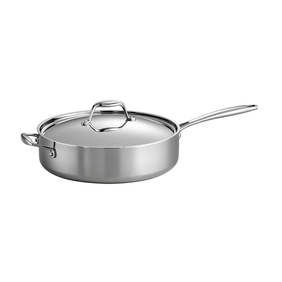Tramontina Signature tri-ply 6-quart sauté pan exterior shines for a sleek kitchen display.