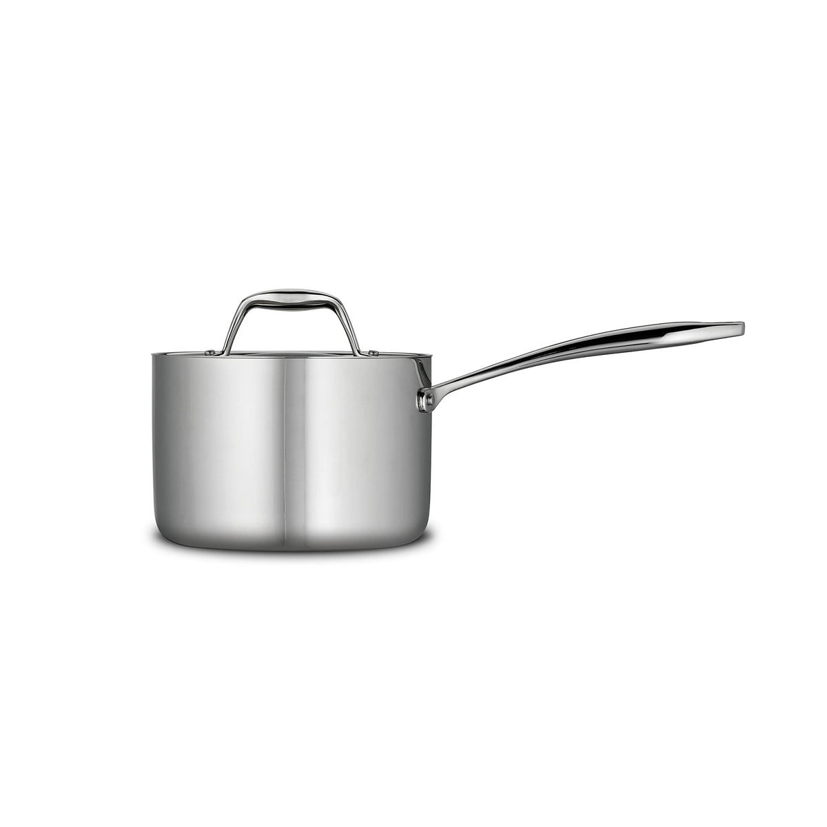 Tramontina Signature tri-ply saucepan shows aluminum core for even heating.