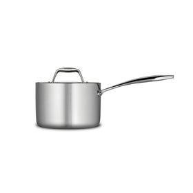 Tramontina Signature tri-ply saucepan shows aluminum core for even heating.