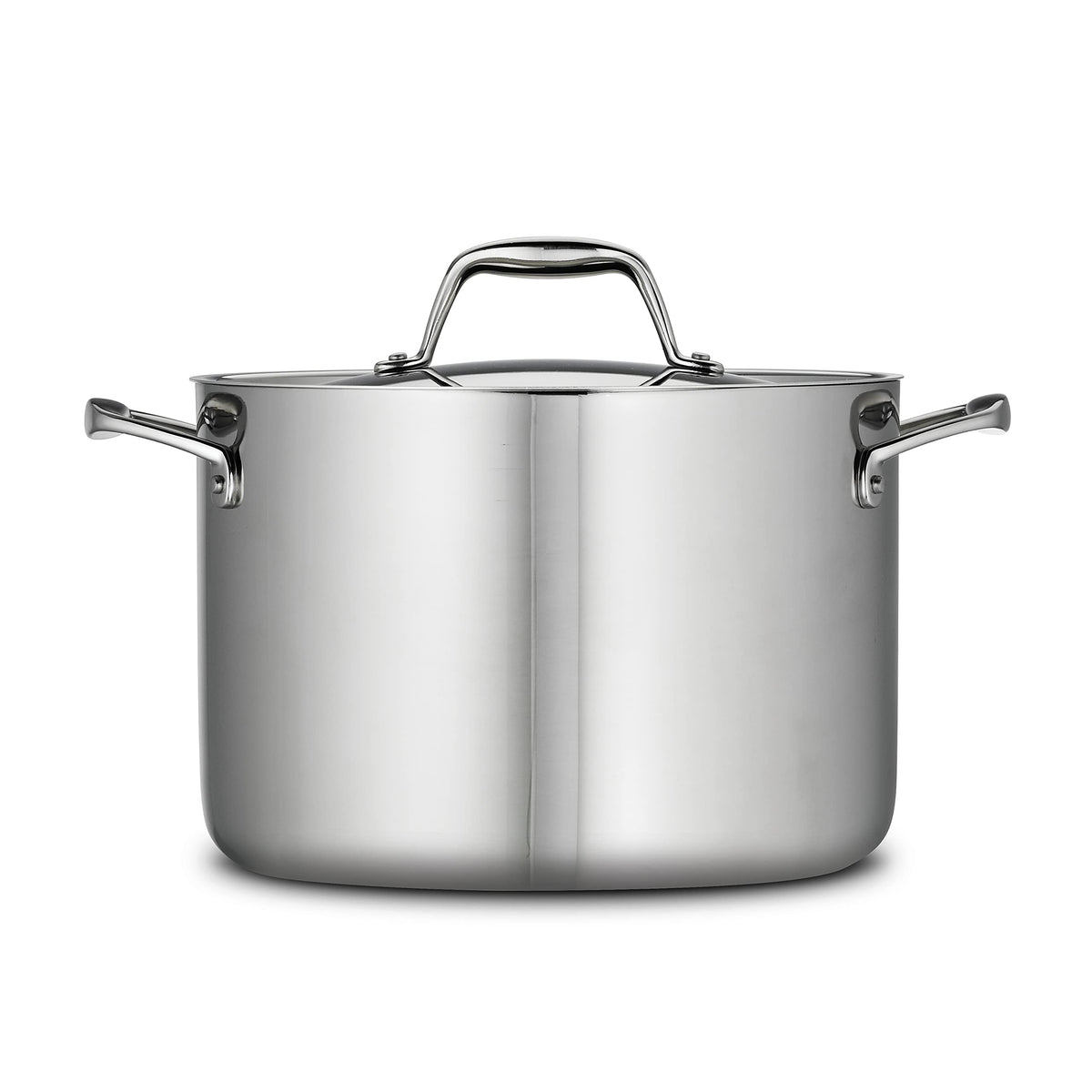 Tramontina Signature tri-ply stock pot side view highlights sturdy construction