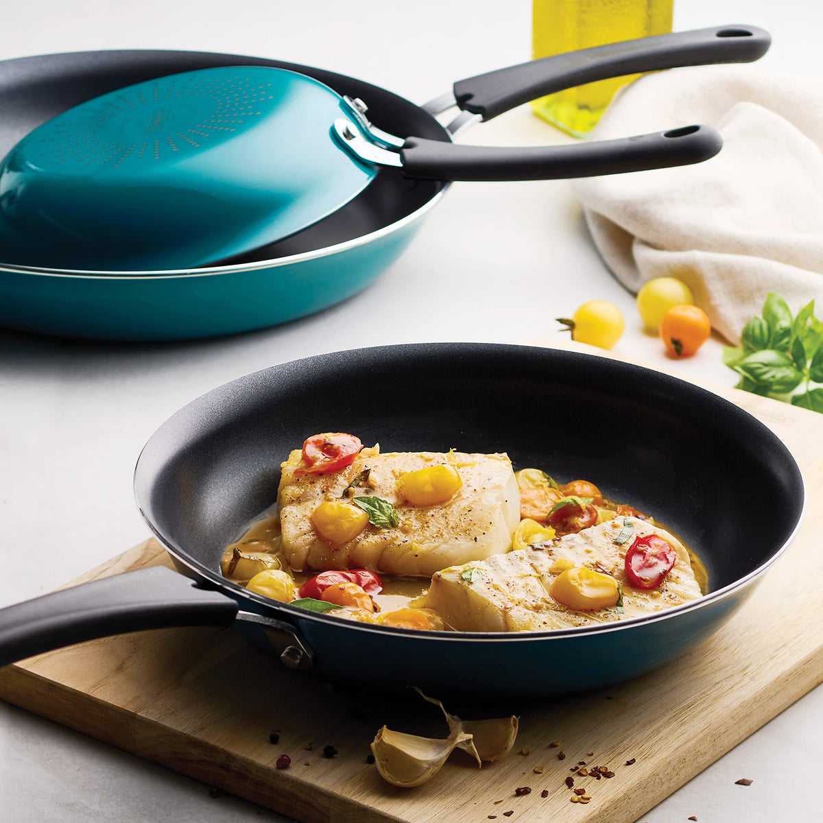 Tramontina teal 10-inch nonstick fry pan ideal for sautéing vegetables