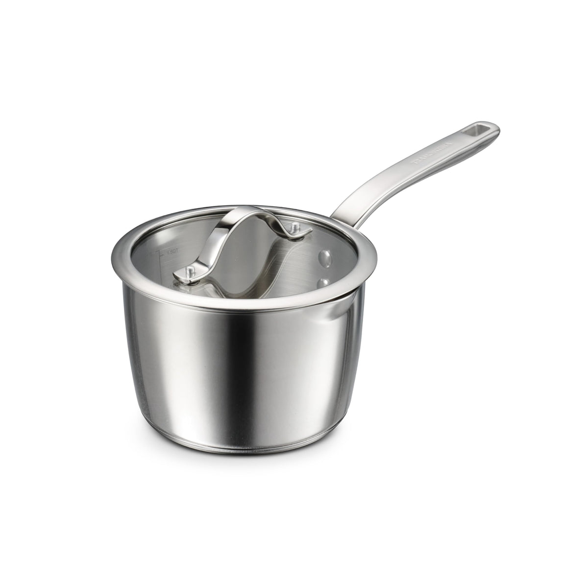 Tramontina Tempo tri-ply base saucepan with glass lid for even heating.