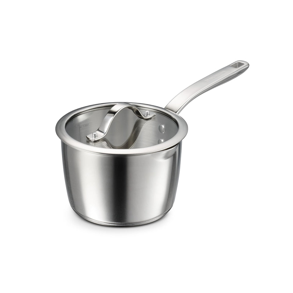 Tramontina Tempo tri-ply base saucepan with glass lid for even heating.
