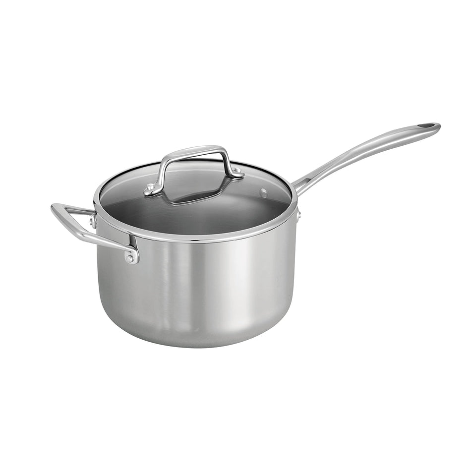 Tramontina Tri-Ply Clad 4-Qt sauce pan front view showcases even heat distribution
