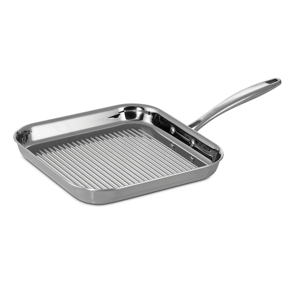 Tramontina tri-ply square grill pan exterior shine and even heat