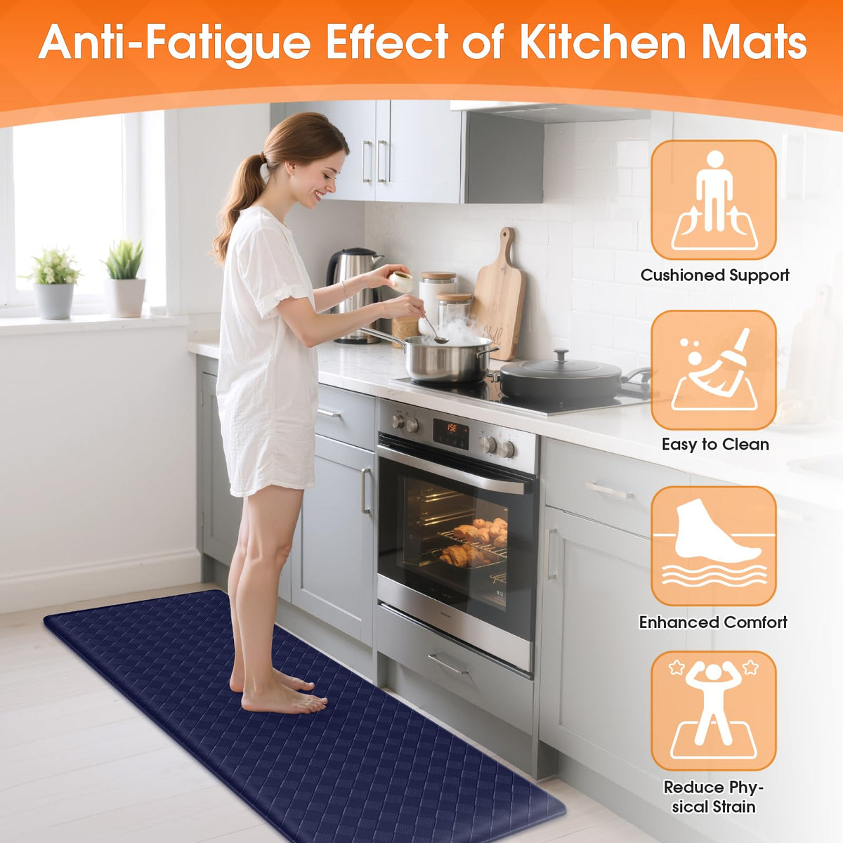 TranquilRelax mat beside the stovetop offers anti-fatigue cushioning for long cooking sessions.