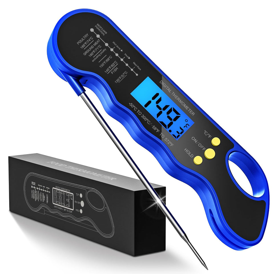 TRAUSI Instant Read Thermometer with backlit display for precise night-time grilling.
