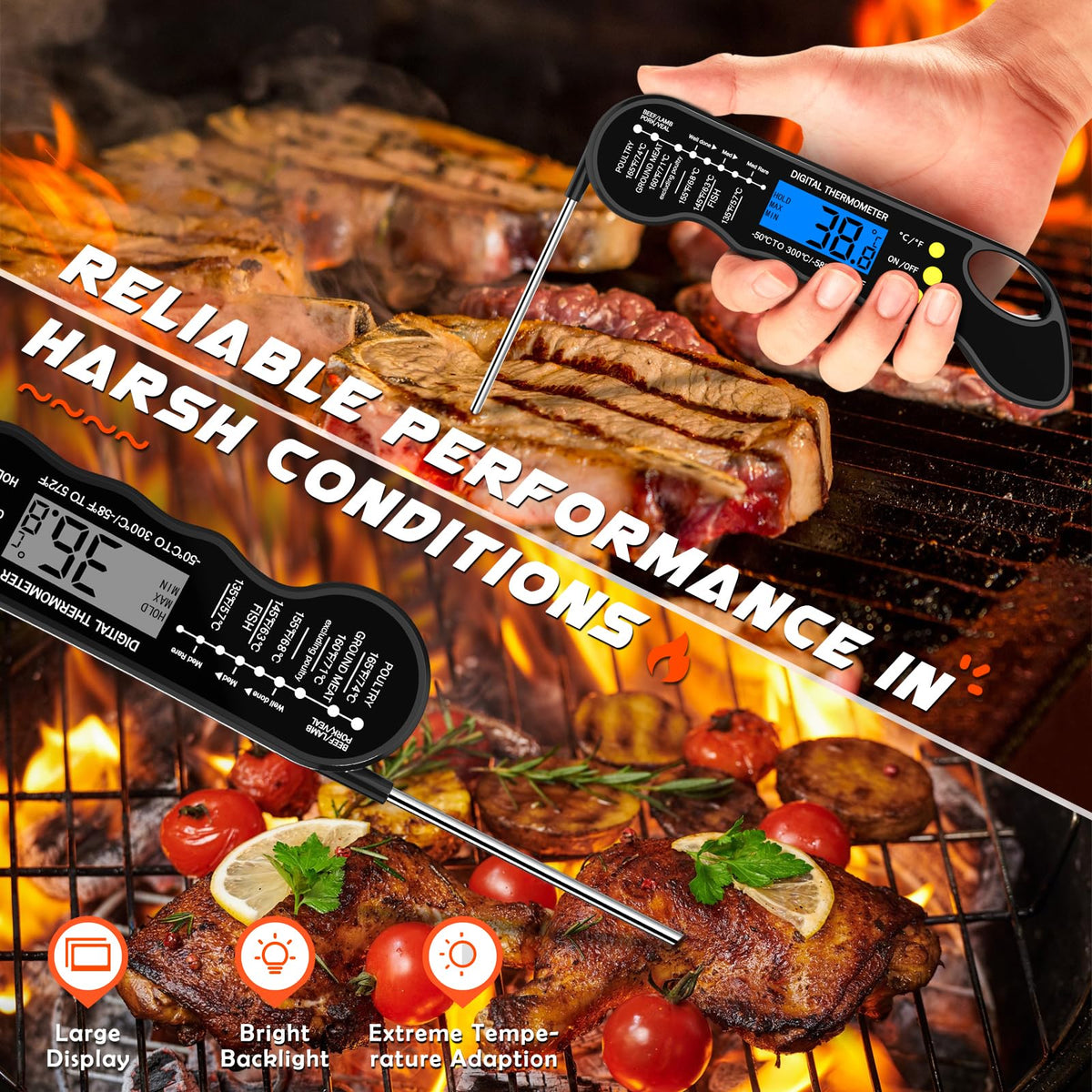 TRAUSI thermometer backlit display eases reading in low light conditions.