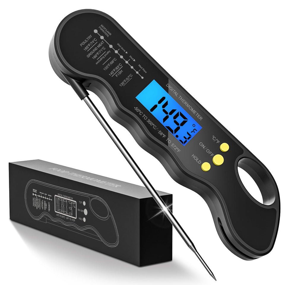 TRAUSI Instant Read Meat Thermometer probe delivers fast, precise temps for steaks.