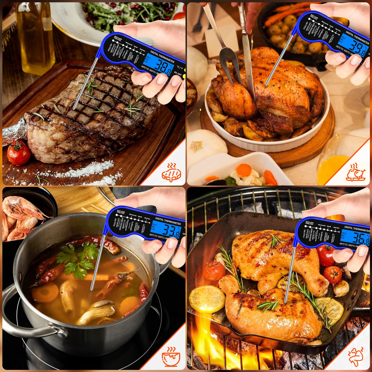 TRAUSI Ultra-thin 4.6-inch probe minimizes puncture damage to meat.