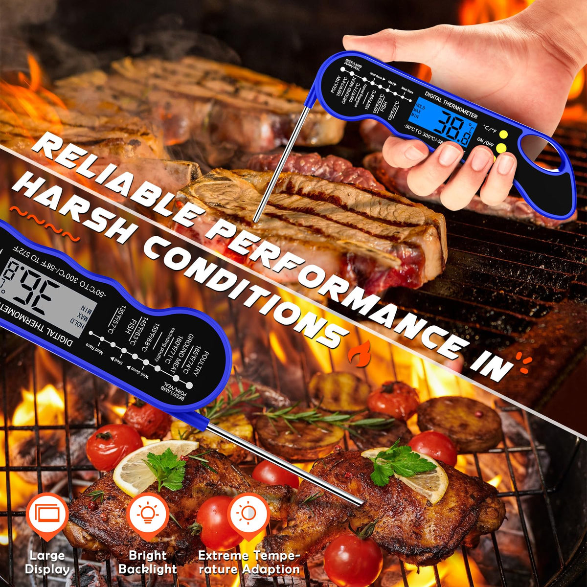 TRAUSI Waterproof thermometer with a durable probe for easy cleanup after grilling.