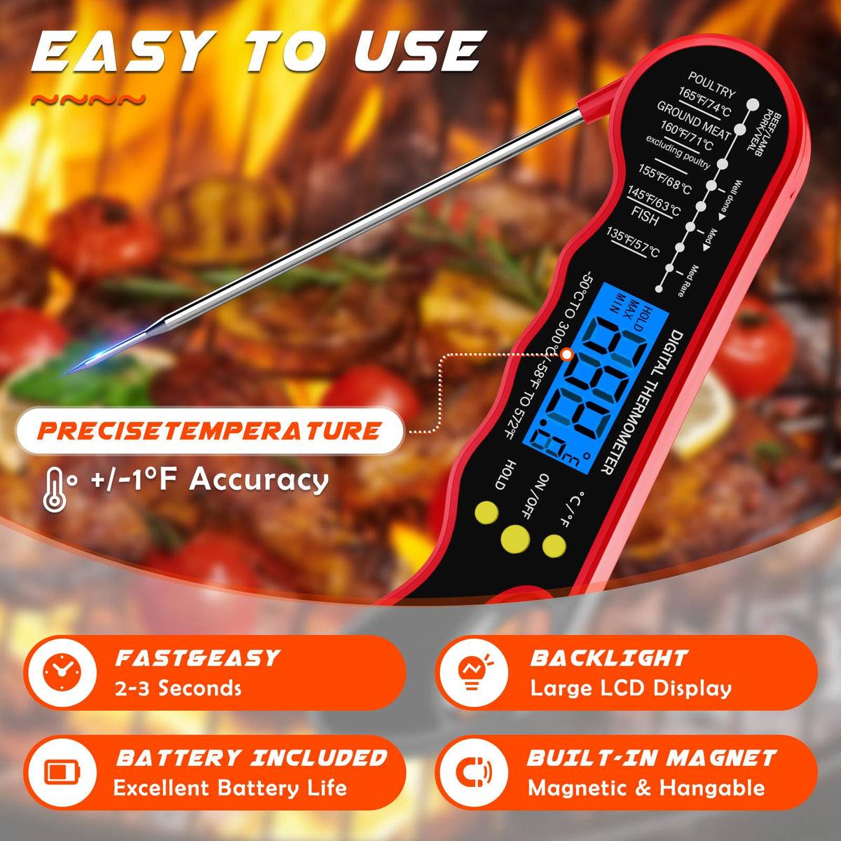 TRAUSI thermometer backlit display enabling reading in low light conditions.
