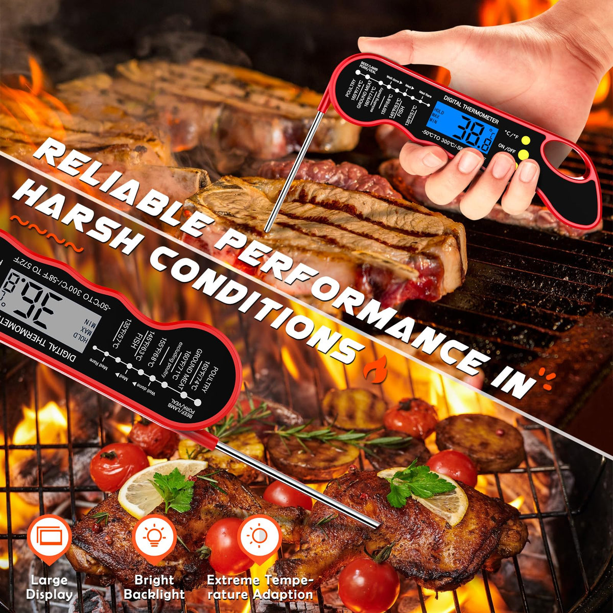 TRAUSI thermometer probe close-up showing ultra-thin 4.6-inch tip minimizes damage.