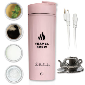 Travel Brew kettle with tea infuser, compact pink design for quick hot water on trips.