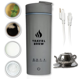 Travel Brew portable travel kettle shown in compact size for travel convenience.