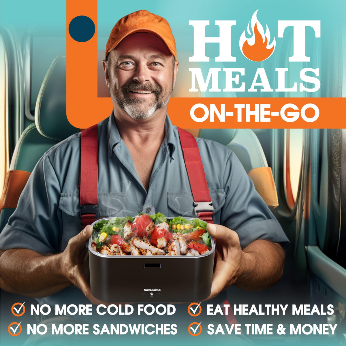 TRAVELISIMO 100W lunch box heats meals quickly for workdays.
