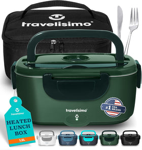Travelisimo electric lunch box with open lid and stainless interior for hot meals on the go.