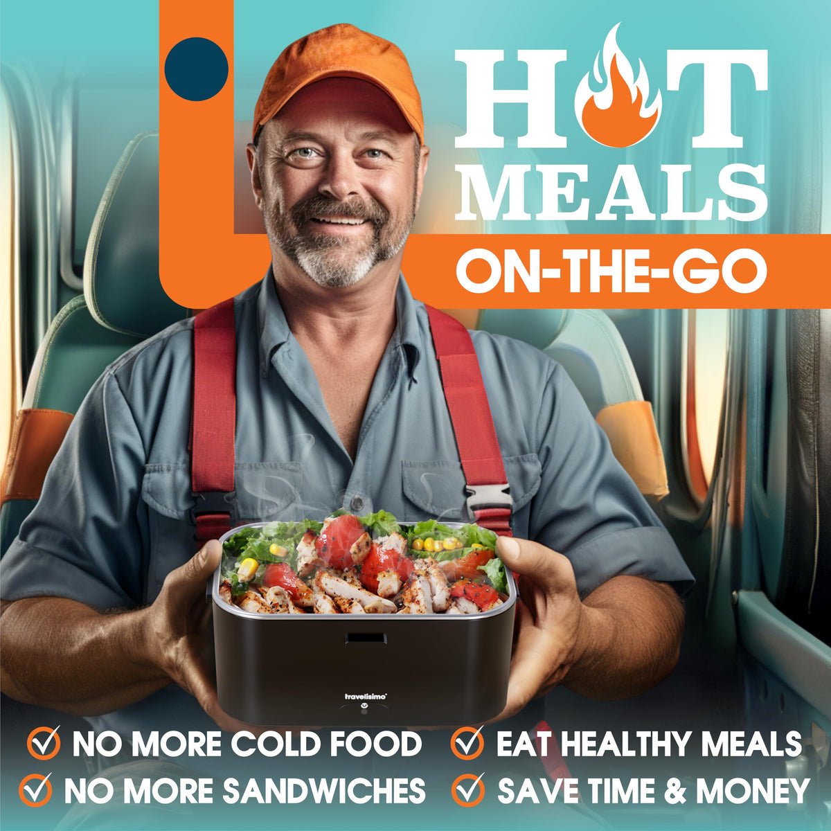 Travelisimo lunch box with open lid shows spacious 1.8L interior for hearty servings.