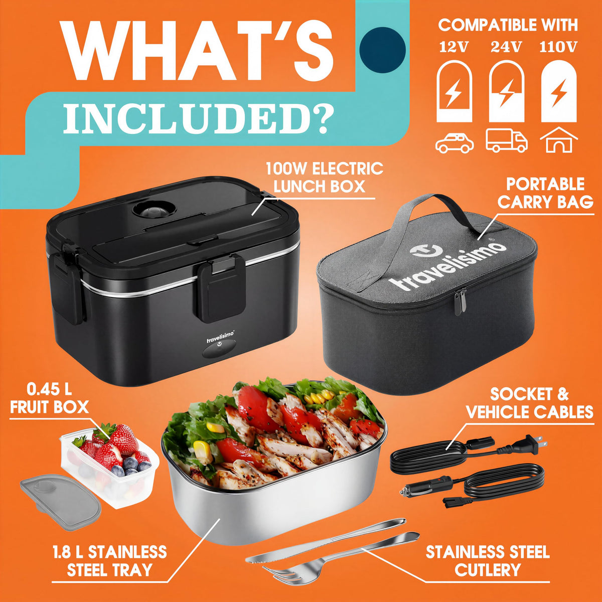 Travelisimo in-car setup shows 12V/24V compatibility for travel meals on the road.