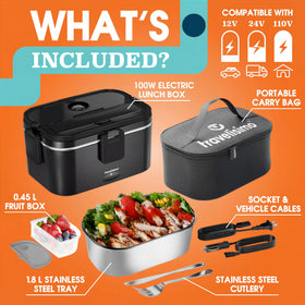 Travelisimo in-car setup shows 12V/24V compatibility for travel meals on the road.