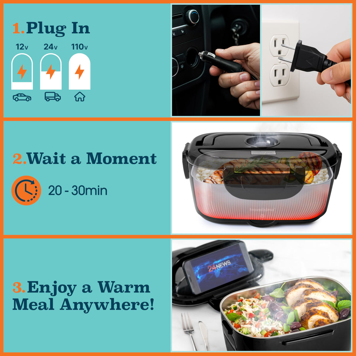 Travelisimo electric lunch box voltage options 110V, 12V, 24V for home, car.