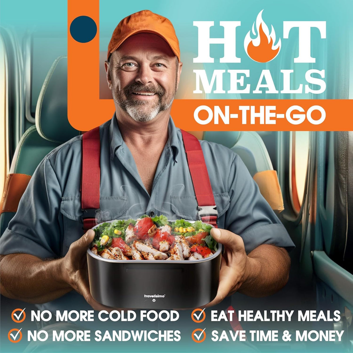 Travelisimo portable food warmer shown for travel and work use