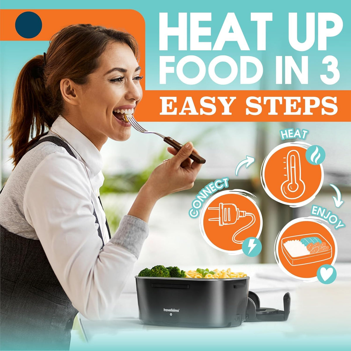 Travelisimo stainless steel construction ensures durable, hygienic meal heating