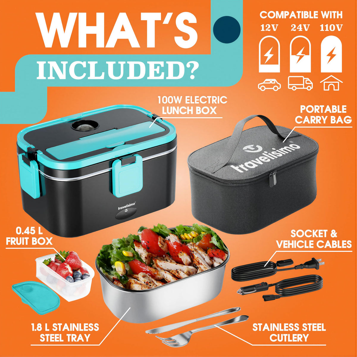 TRAVELISIMO vehicular power lunch box compatible with car and truck outlets for on-the-go heating.
