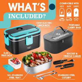 TRAVELISIMO vehicular power lunch box compatible with car and truck outlets for on-the-go heating.