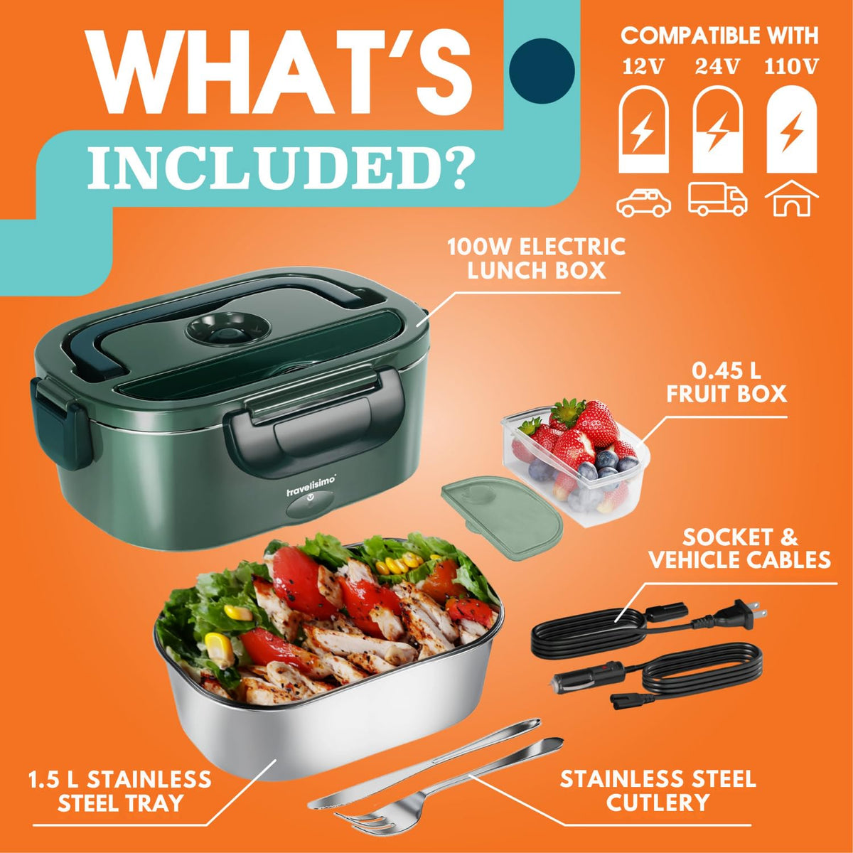 TRAVELISIMO electric lunch box in car with 12V shows portable warmth.