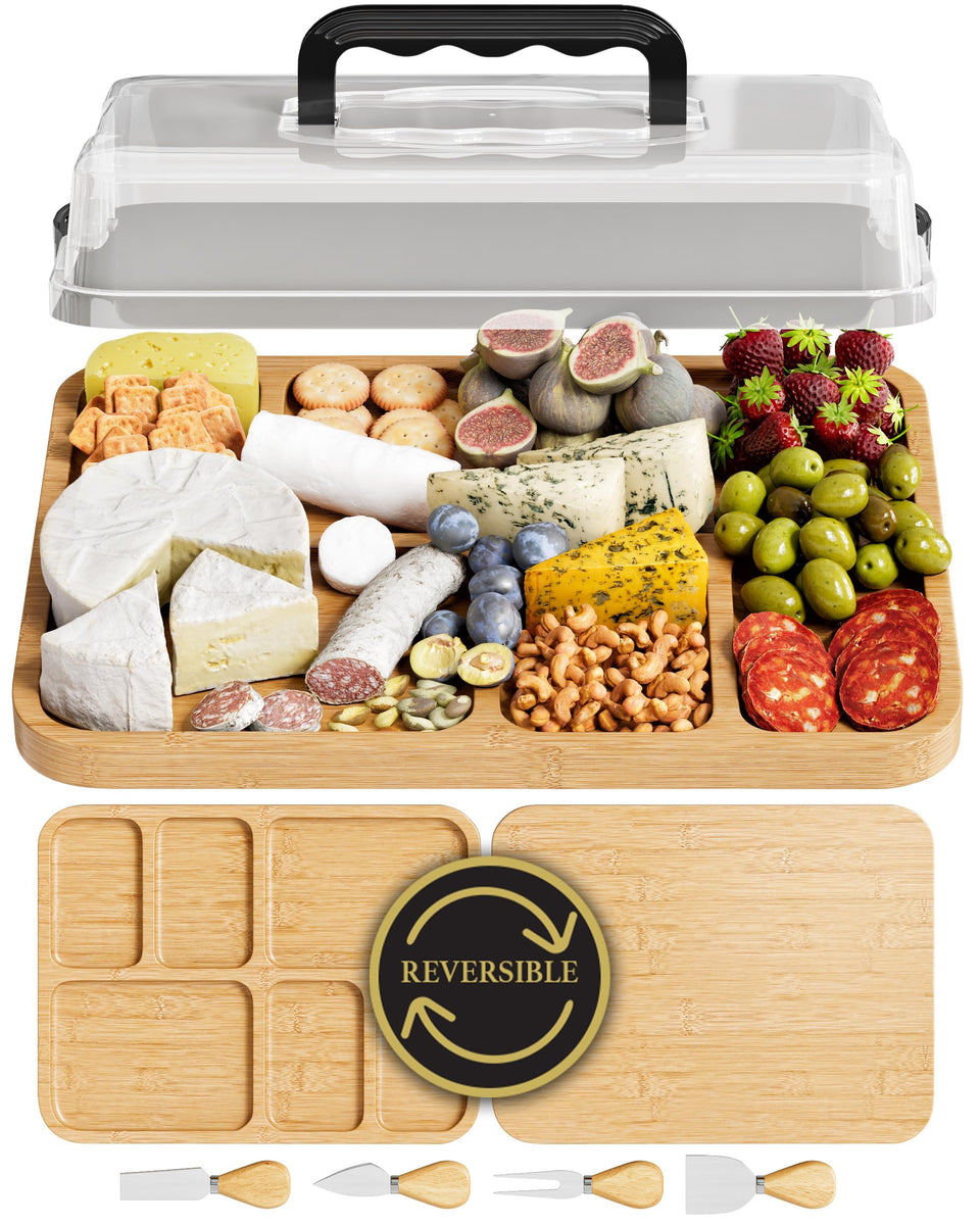 Trayful Charcuterie Board with Lid demonstrates lid-attachment for easy transport and fresh presentation.