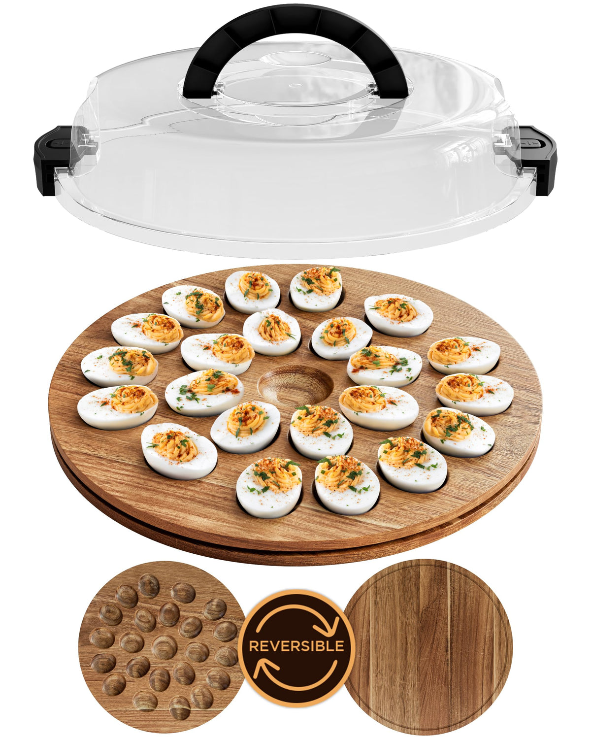 Trayful deviled egg carrier with lid and handle keeps eggs secure during travel.