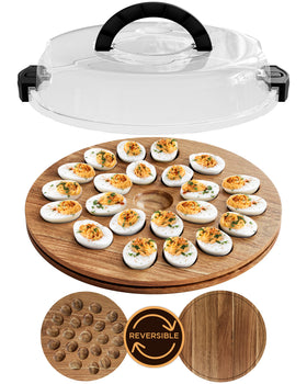 Trayful deviled egg carrier with lid and handle keeps eggs secure during travel.